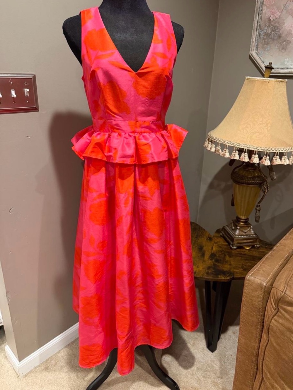 kate spade Hot Pink and Orange Floral Peplum Midi Dress